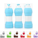 A drink bottle collection featuring silicone folding bottles in blue, grey, and purple, with a logo on one.