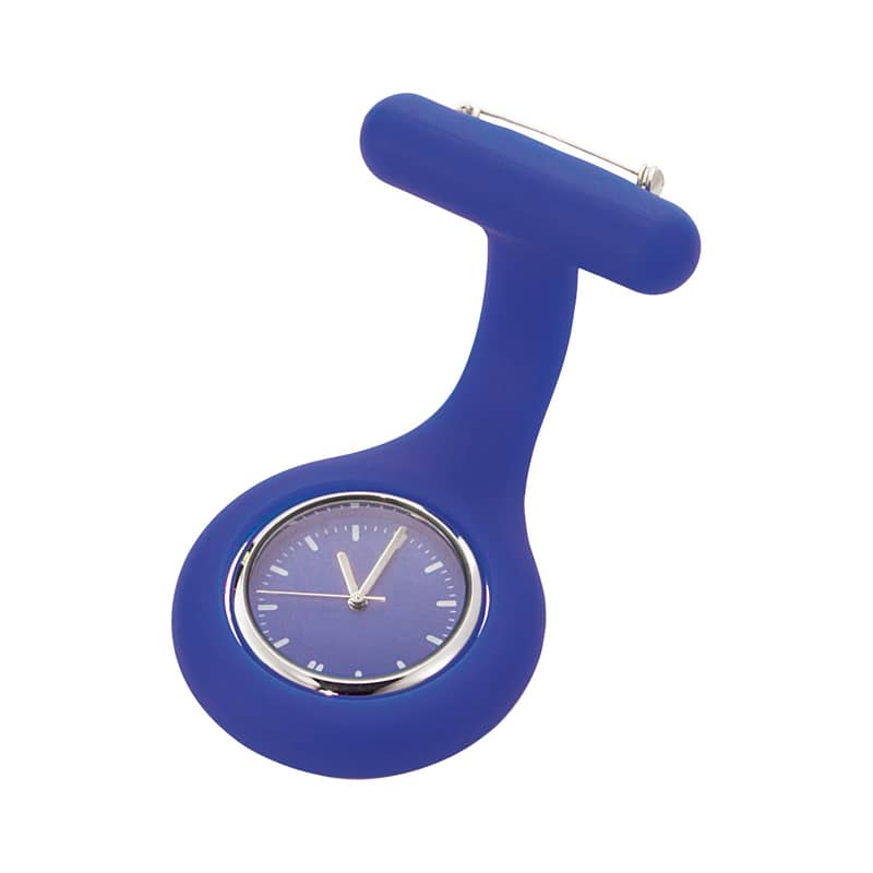 A blue silicone nurses watch with a clip and a round face displaying the time. Features a logo as well. Nurses Watch II - Image 1