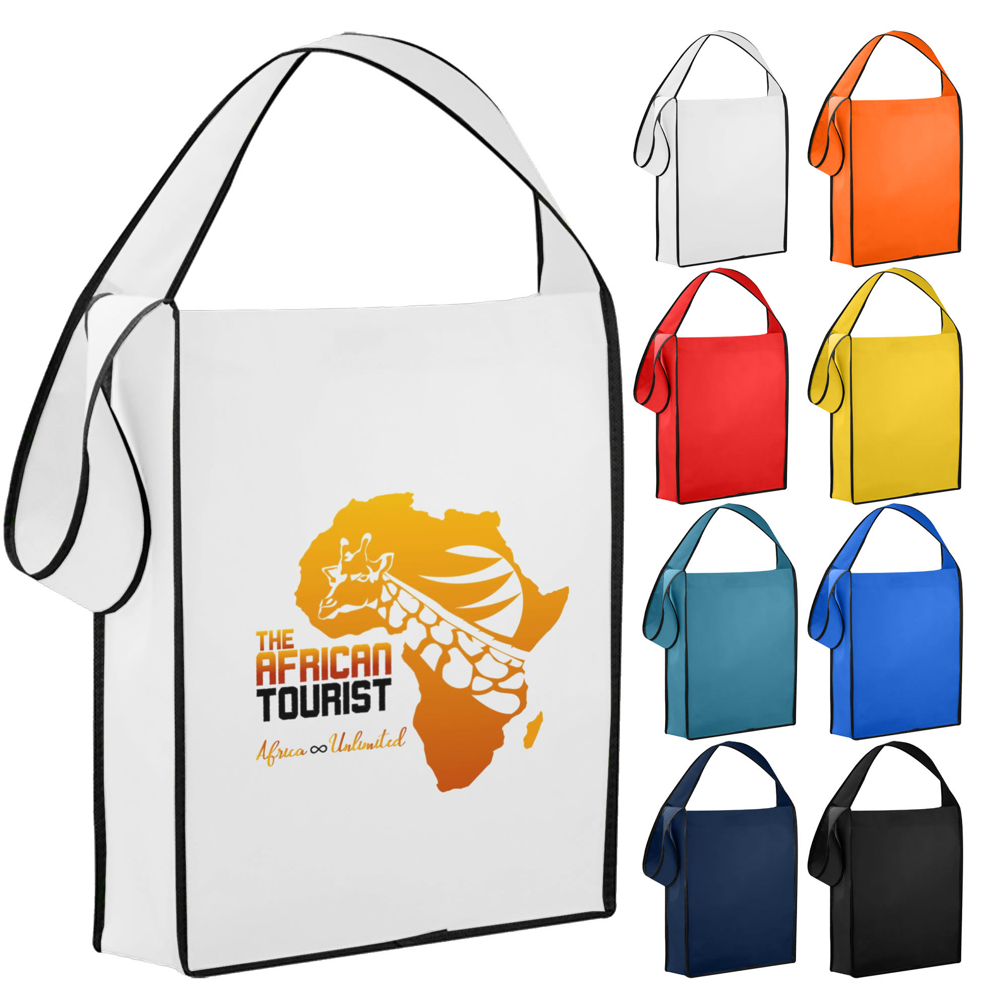 A collection of non-woven sling bags in various colours, featuring a logo on a white bag. Non Woven Sling Bag - Image 1