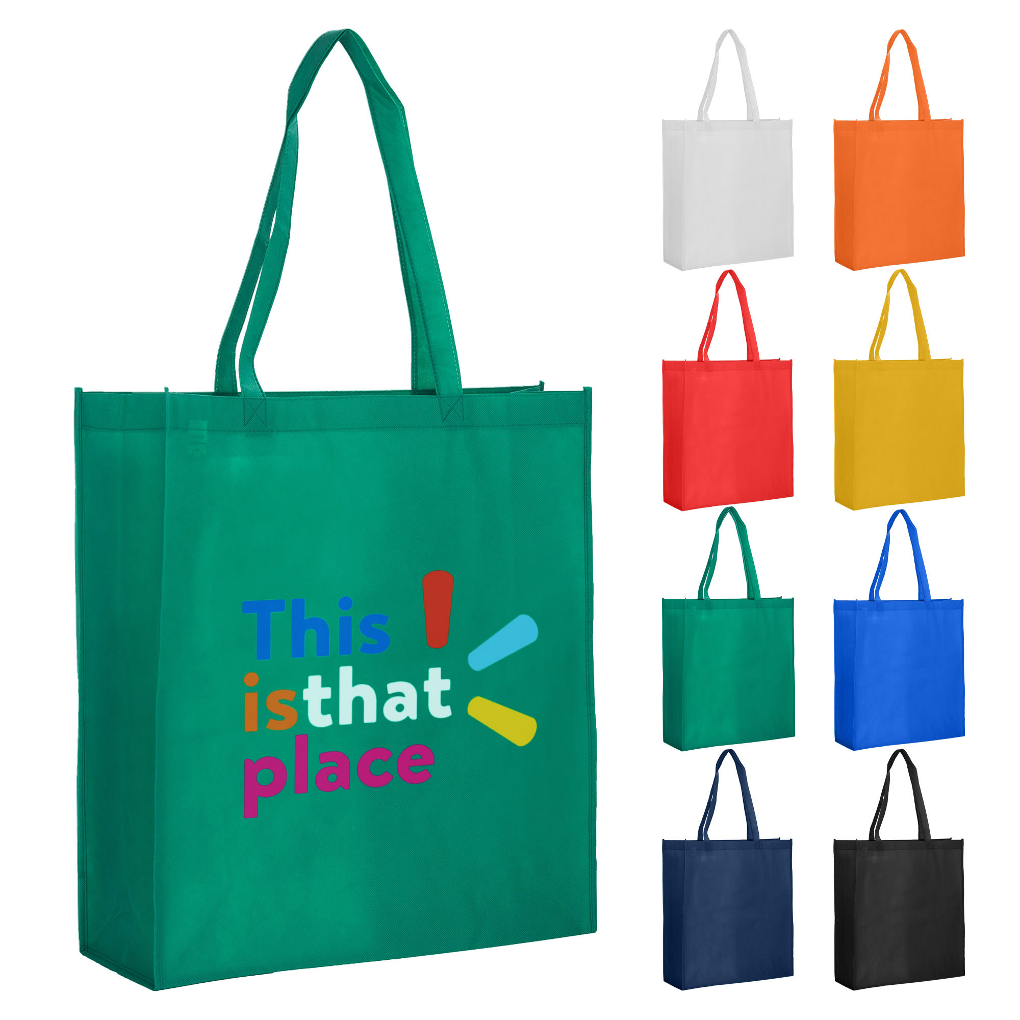A green reusable grocery bag with two handles, featuring a logo, alongside bags in white, orange, red, yellow, blue, and black. Non Woven Bag Extra Large with Gusset - Image 1