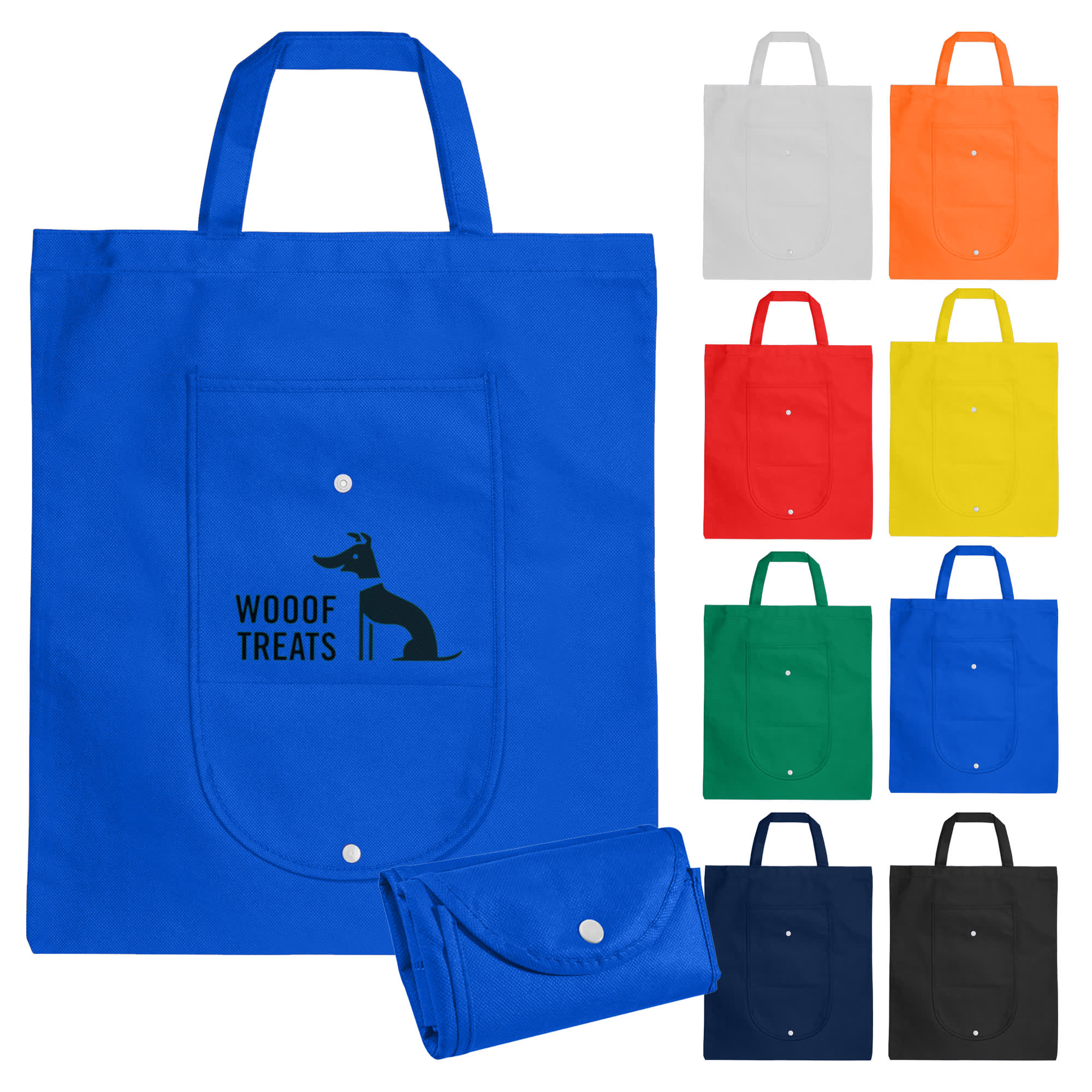 A blue foldable shopping bag with a logo, available in multiple colours including grey, orange, yellow, green, and black. Non Woven Foldable Shopping Bag - Image 1