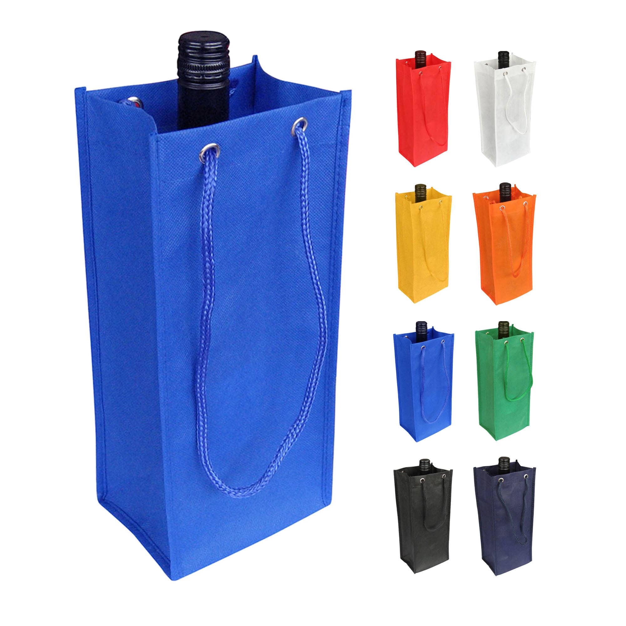 A drink bottle bag in blue, featuring a durable handle and a simple design, also available in multiple colours. Non Woven Single Bottle Bag - Image 1