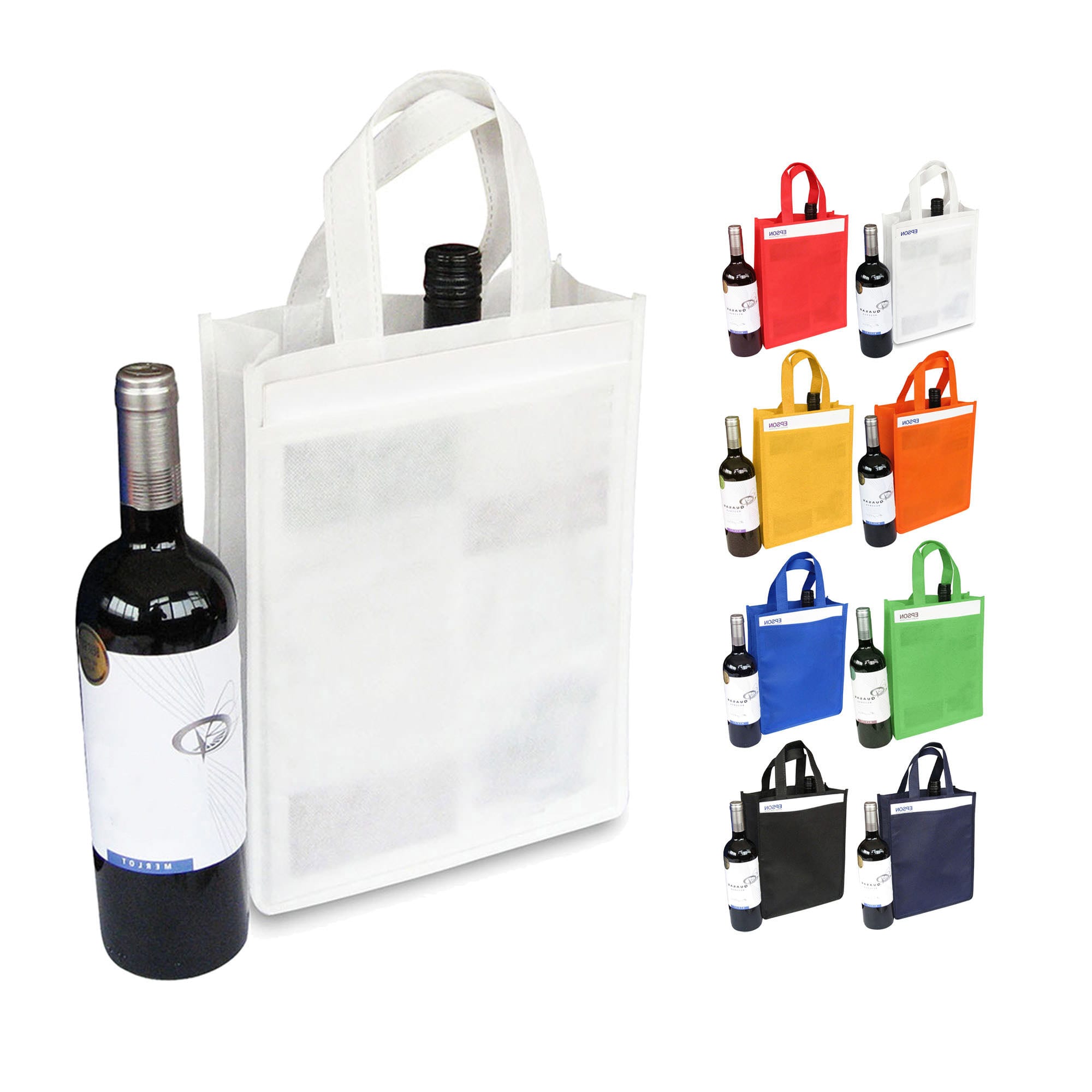 A drink bottle bag in white, holding a bottle, alongside various coloured versions: red, yellow, green, and more. Non Woven 2 Bottle Bag - Image 1