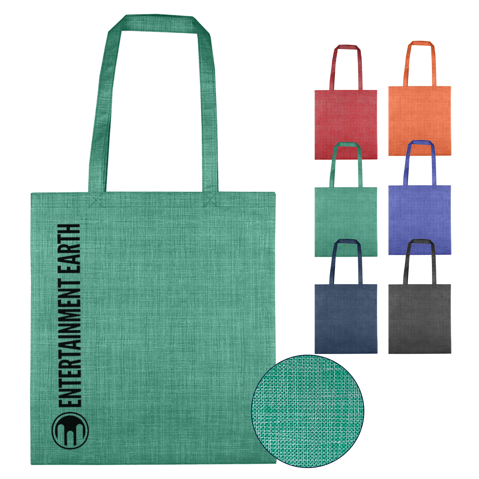 A green non-woven bag with patterned texture and an associated logo, displayed with multiple colour options. Silver Line Patterned Non Woven Bag - Image 1