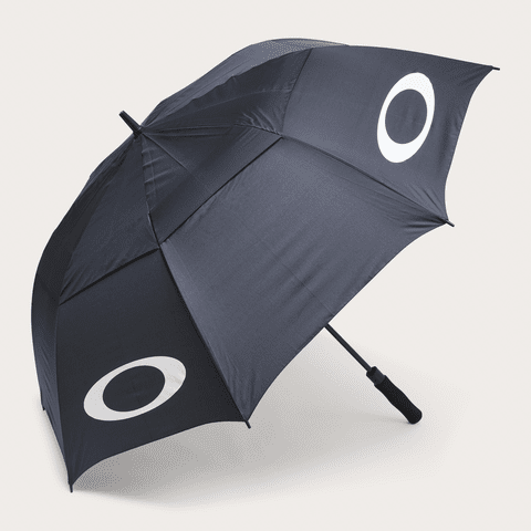 A black umbrella featuring a prominent logo and a sturdy handle, designed for outdoor leisure use. Oakley Turbine Umbrella - Image 1