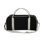 A black duffle bag with white accents and handles, featuring a detachable shoulder strap.