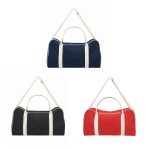 A canvas duffle bag available in navy, black, and red, featuring a light-coloured strap and branding.