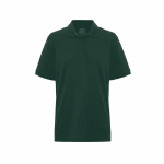 A dark green men's polo shirt with a collar and short sleeves, featuring a logo on the chest.
