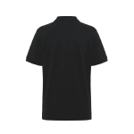 A black polo shirt with short sleeves and a collar, featuring a branding logo.