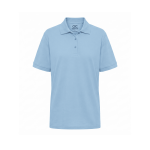 Light blue men's polo shirt featuring a collar and a logo. Suitable for casual or semi-formal wear.