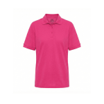 A pink polo shirt with a collared neckline and short sleeves, featuring a logo on the chest.