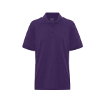A purple polo shirt with a collar, featuring buttons and a logo on the label.