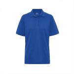A blue men's polo shirt with a collar and three buttons, featuring a logo on the chest.