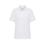A white polo shirt with a collar and short sleeves, featuring a logo on the chest.