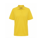 A yellow men's polo shirt with a collar, short sleeves, and a logo on the inside label.
