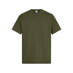 An olive green t-shirt with short sleeves and a round neckline. It features a logo on the label.