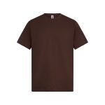 A brown T-shirt with short sleeves and a round neckline, featuring a logo on the tag.
