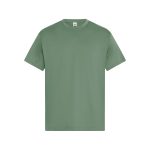 A green men's essential T-shirt features a classic crew neck and short sleeves, with a simple logo on the tag.
