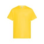 A yellow unisex T-shirt with a round neckline and short sleeves. It features a logo on the label.