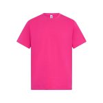 A bright pink T-shirt featuring a classic crew neck and short sleeves, with a branding logo on the label.