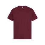 A maroon T-shirt with short sleeves, featuring a plain design and a logo on the label.