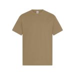 A plain khaki men's t-shirt featuring short sleeves and a crew neckline. The shirt has a label and no graphics.