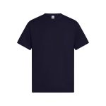 A navy blue T-shirt featuring short sleeves and a crew neckline, with a logo on the label.