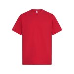 A red men's essential T-shirt with a crew neck and short sleeves, featuring a logo on the label.
