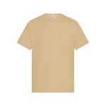 A light beige t-shirt with a classic crew neck and short sleeves, featuring a logo on the label.