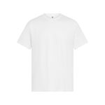A plain white t-shirt featuring a crew neck and short sleeves, with a logo on the label.