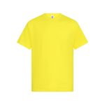 A bright yellow men's t-shirt, featuring a crew neck and short sleeves. It includes a logo on the label.