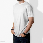 A white T-shirt with a classic fit, displayed on a model with hands in pockets. It features a logo on the sleeve.