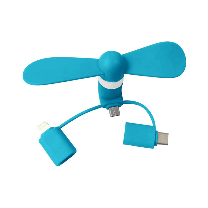 A turquoise portable phone fan with dual connectors for charging and a compact design. It has a simple propeller style. Cool Phone Fan 3 - Image 1