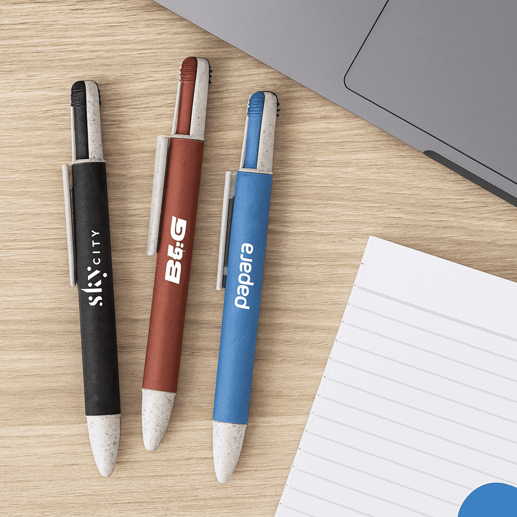 Three eco pens in black, red, and blue, with white tips, resting on a wooden surface alongside a notebook and laptop. Kikla 4 Way Eco Pen - Image 1