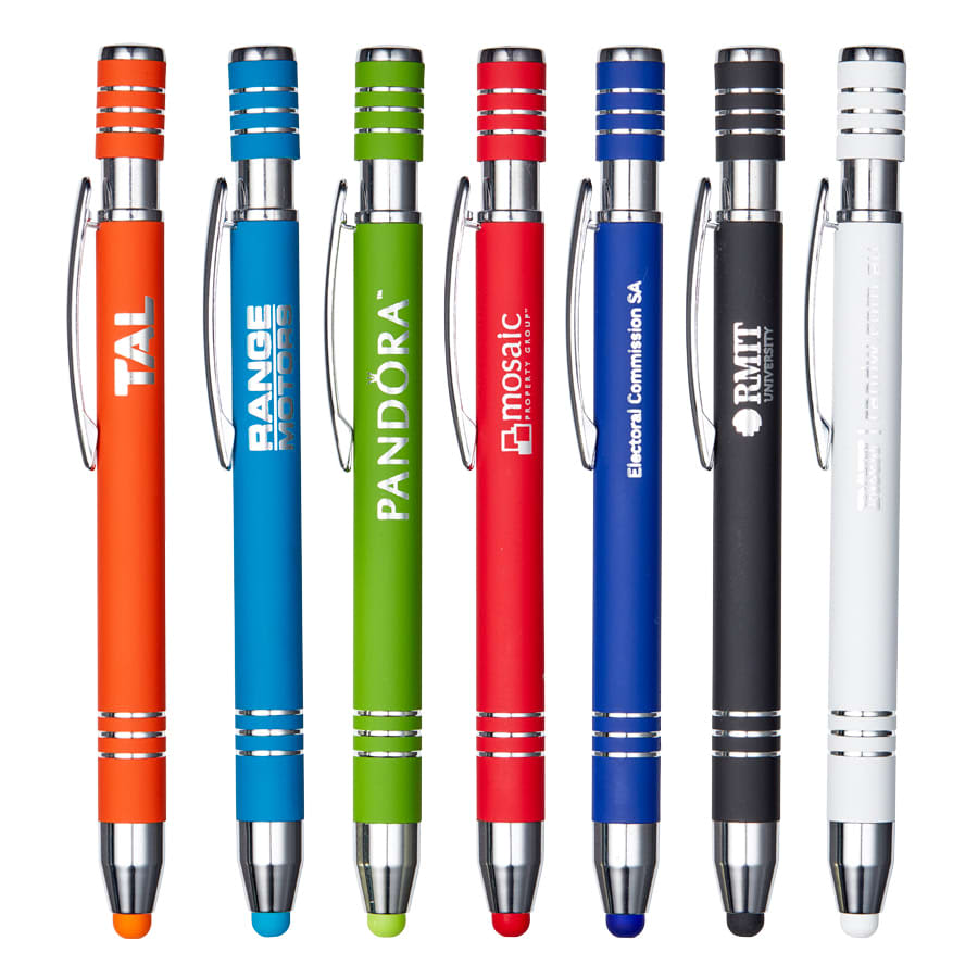 A set of eight metal pens in various colours, including orange, green, blue, red, black, and white, featuring clips and branding. Capri Pen - Image 1