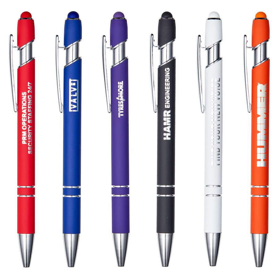 A selection of six metal pens in colours red, blue, purple, white, and orange, each with a clip and branding. Napoli Pen - Image 1