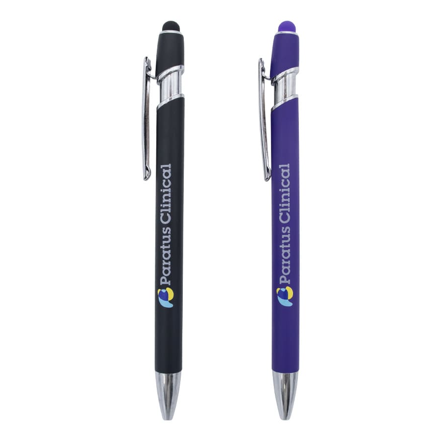 A set of two metal pens: one black and one purple, featuring a branding logo on each. Napoli Pen - Image 1