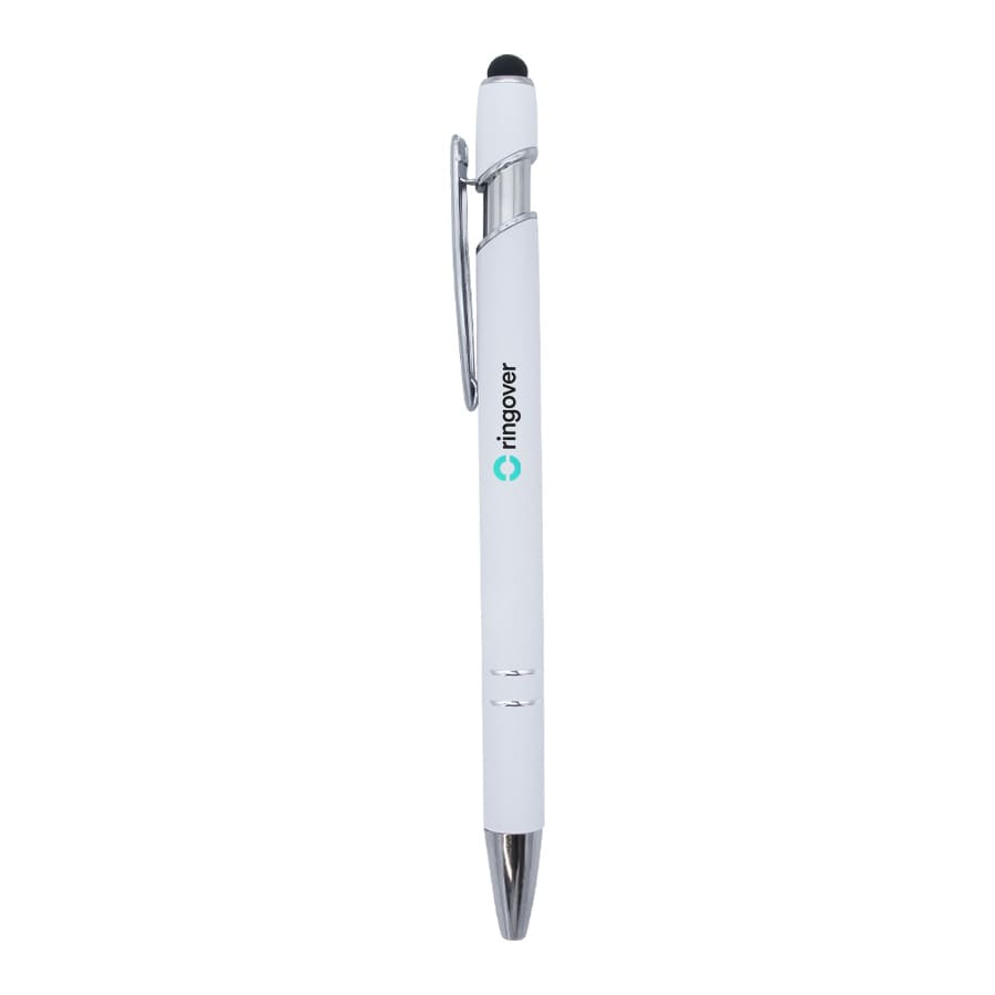 A white metal pen with a silver clip and black stylus tip, featuring a logo on the barrel. Napoli Pen - Image 1