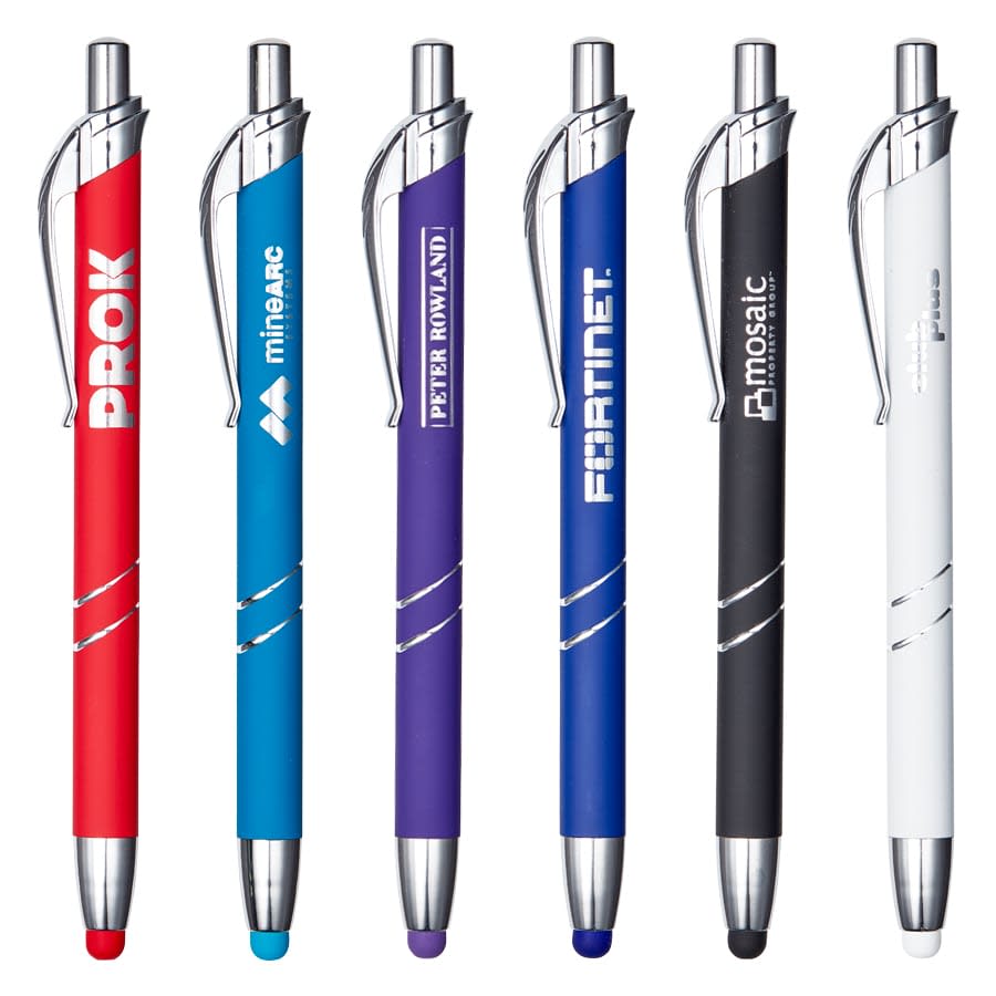 A set of six metal pens in red, blue, purple, black, and white, each with a logo and a chrome clip. Mondello Pen - Image 1