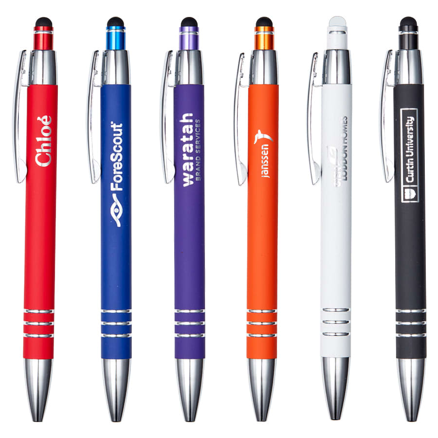 A collection of metal pens in red, purple, orange, white, and black, each with a clip and a logo. Roma Pen - Image 1