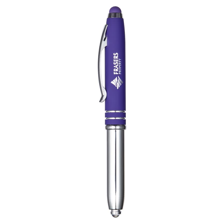 A purple stylus pen with a silver clip and tip, featuring a logo on the barrel. Amalfi Pen - Image 1