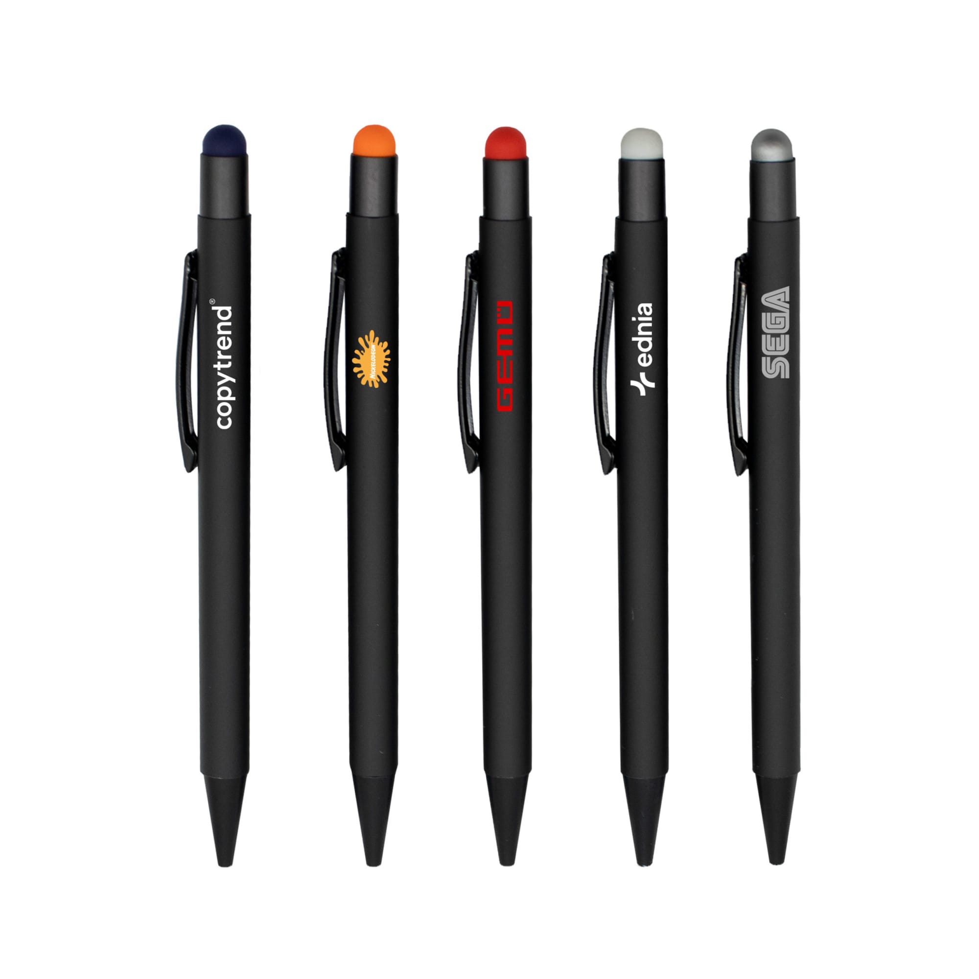 A collection of five stylus pens with black bodies and various coloured tips: blue, orange, red, green, and grey. Each has a logo. Tirana Pen - Image 1