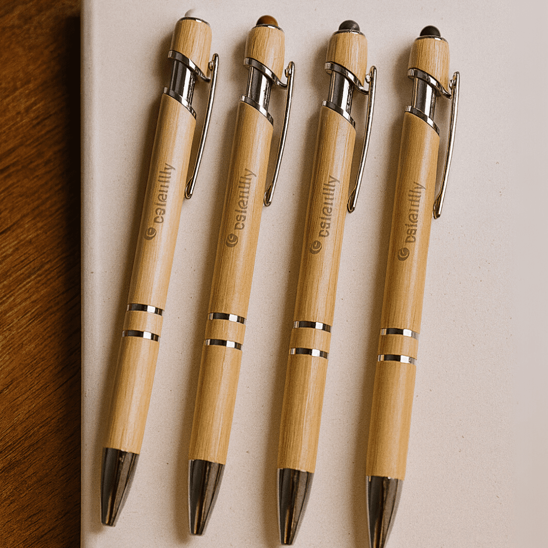 Four bamboo stylus pens with silver accents arranged on a light surface, each featuring a branding logo. Napoli Bamboo Pen - Image 1