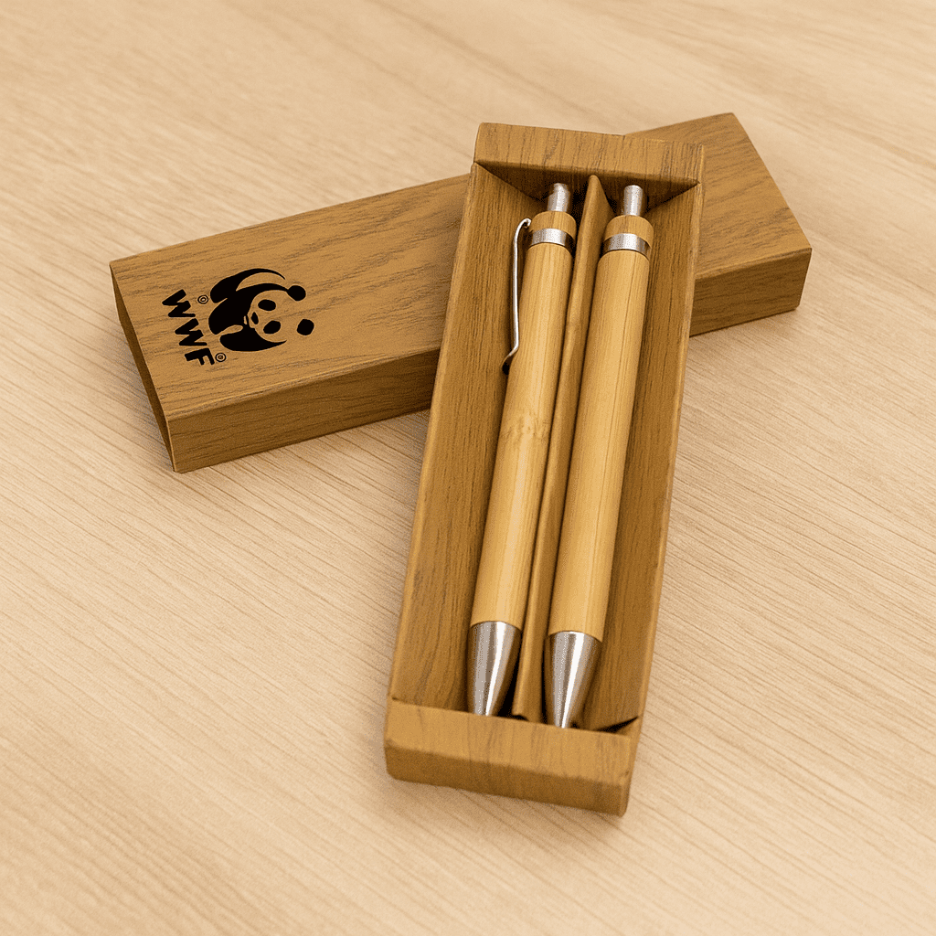 A bamboo pen set in a wooden box featuring two stylus pens with silver accents and a logo. Linus Bamboo Pen Set - Image 1