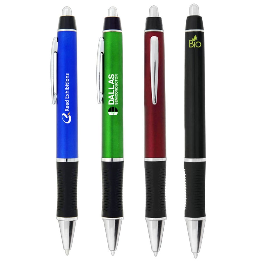 A collection of four plastic pens in blue, green, red, and black, featuring a logo on each pen. Galapagos Pen - Image 1