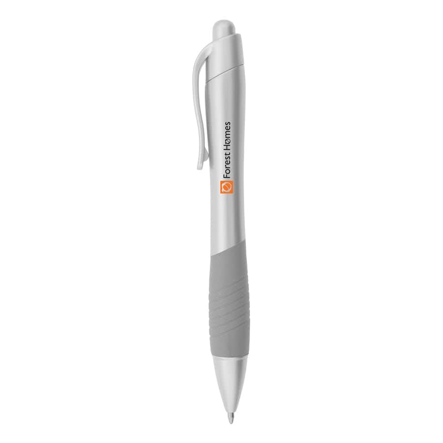 A stylus pen featuring a metallic silver body with grey grip and branding on the side. Metallic Mykonos Pen - Image 1