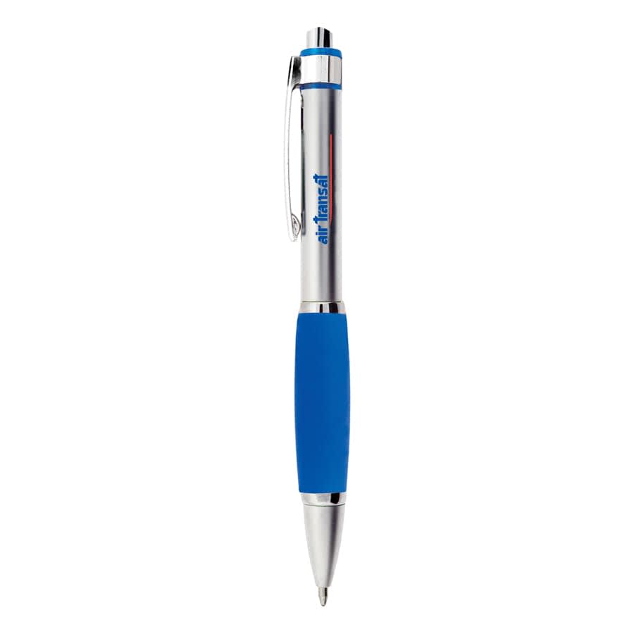 A metal pen with a blue rubber grip and silver accents, featuring a logo. Tobago Pen - Image 1