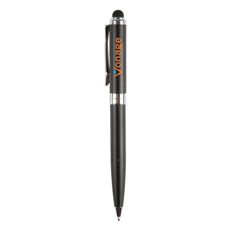 A black stylus pen featuring a silver clip and a logo. The pen has a smooth finish and a retractable tip. Canterbury Stylus Pen - Image 1