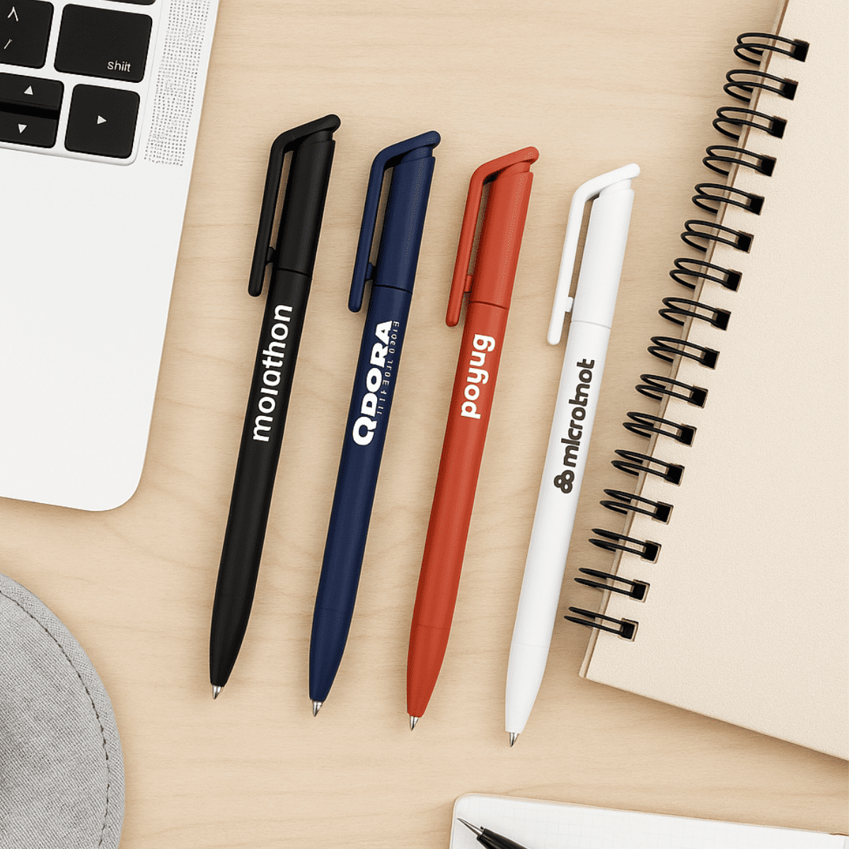 Four ballpoint pens in black, blue, red, and white arranged on a desk beside a notebook and laptop. RABS Mini Ballpoint Pen - Image 1
