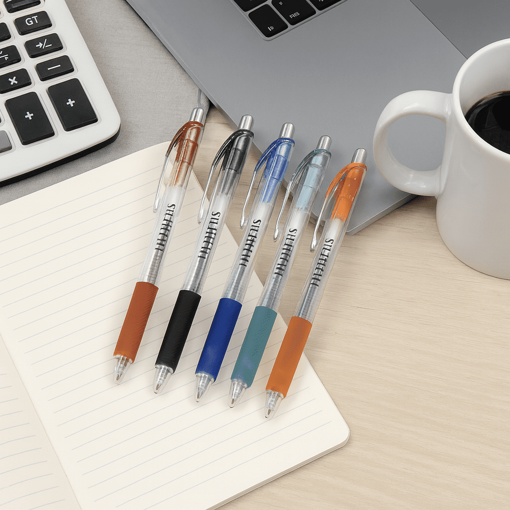 A set of five colourful gel ink pens in black, blue, orange, and teal, positioned on a notepad next to a laptop and coffee cup. Cambridge Colourful Gel Ink Pen - Image 1
